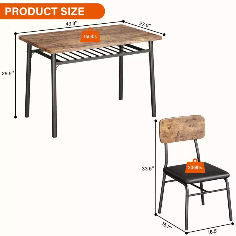 Set tavolo da pranzo per 4 persone, tavolo e sedie da cucina a 5 pezzi con portaoggetti, piano in legno, struttura in metallo resistente, sedili imbottiti, salvaspazio