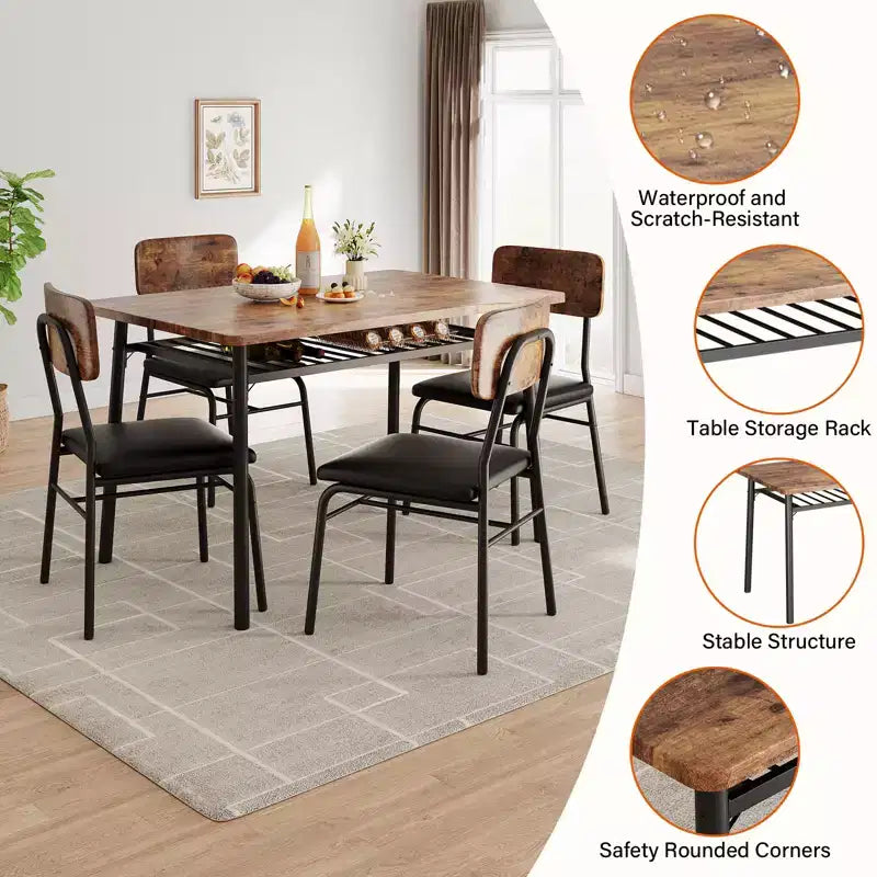 Set tavolo da pranzo per 4 persone, tavolo e sedie da cucina a 5 pezzi con portaoggetti, piano in legno, struttura in metallo resistente, sedili imbottiti, salvaspazio