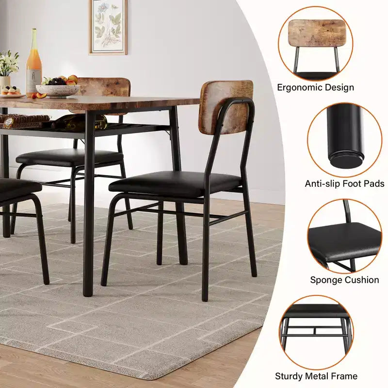 Set tavolo da pranzo per 4 persone, tavolo e sedie da cucina a 5 pezzi con portaoggetti, piano in legno, struttura in metallo resistente, sedili imbottiti, salvaspazio