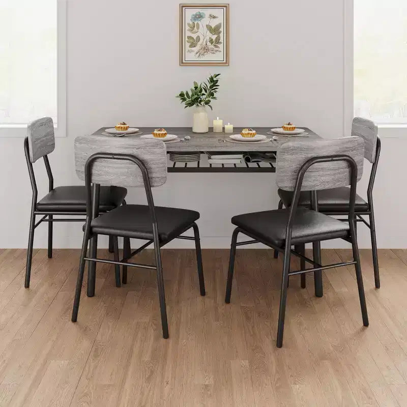 Set tavolo da pranzo per 4 persone, tavolo e sedie da cucina a 5 pezzi con portaoggetti, piano in legno, struttura in metallo resistente, sedili imbottiti, salvaspazio