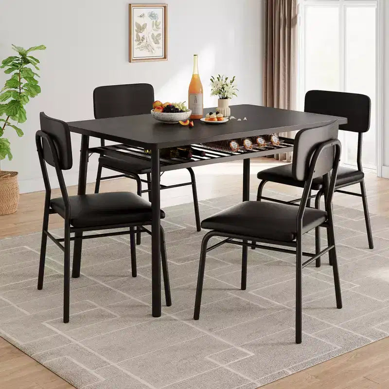 Set tavolo da pranzo per 4 persone, tavolo e sedie da cucina a 5 pezzi con portaoggetti, piano in legno, struttura in metallo resistente, sedili imbottiti, salvaspazio