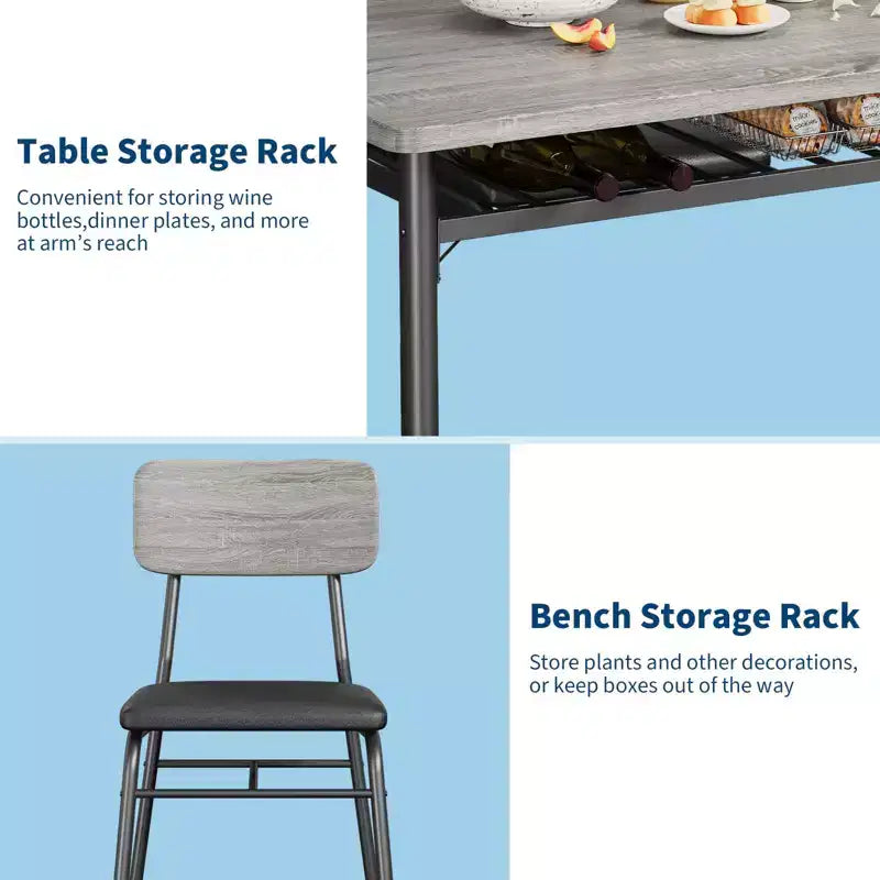 Set tavolo da pranzo per 4 persone, tavolo e sedie da cucina a 5 pezzi con portaoggetti, piano in legno, struttura in metallo resistente, sedili imbottiti, salvaspazio