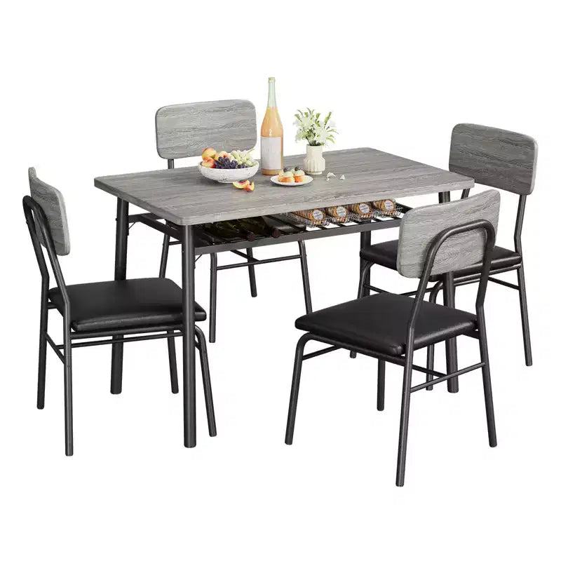 Set tavolo da pranzo per 4 persone, tavolo e sedie da cucina a 5 pezzi con portaoggetti, piano in legno, struttura in metallo resistente, sedili imbottiti, salvaspazio