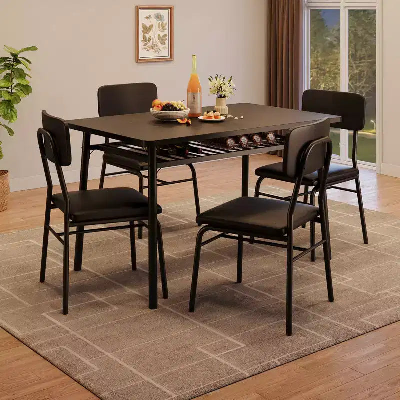 Set tavolo da pranzo per 4 persone, tavolo e sedie da cucina a 5 pezzi con portaoggetti, piano in legno, struttura in metallo resistente, sedili imbottiti, salvaspazio