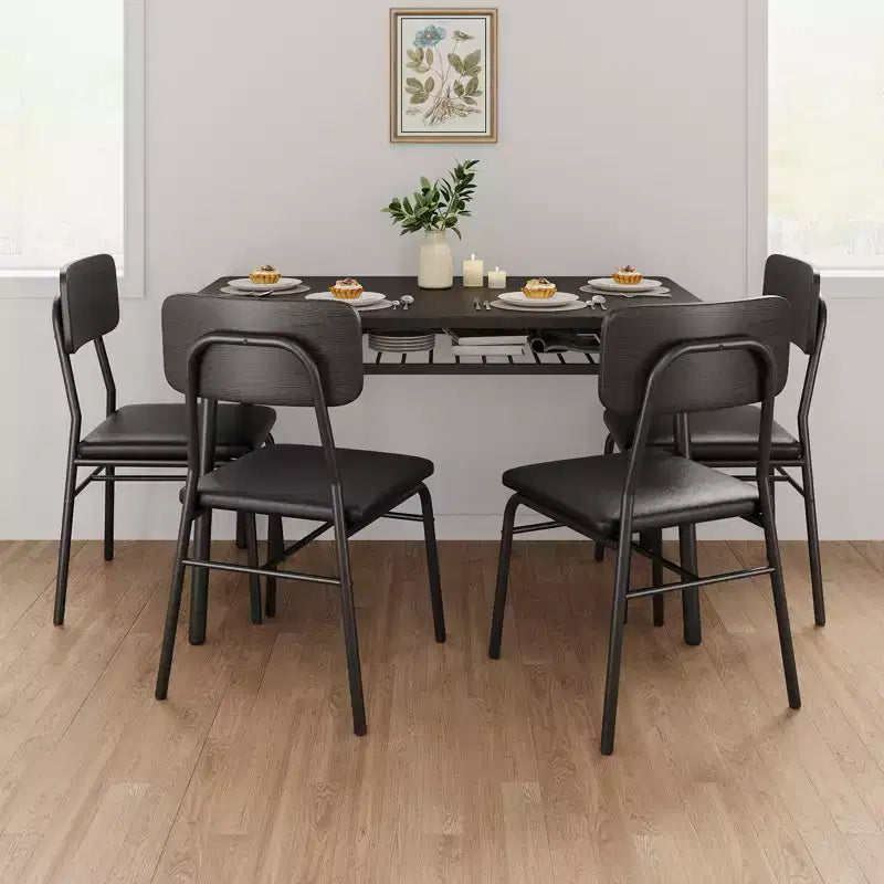 Set tavolo da pranzo per 4 persone, tavolo e sedie da cucina a 5 pezzi con portaoggetti, piano in legno, struttura in metallo resistente, sedili imbottiti, salvaspazio