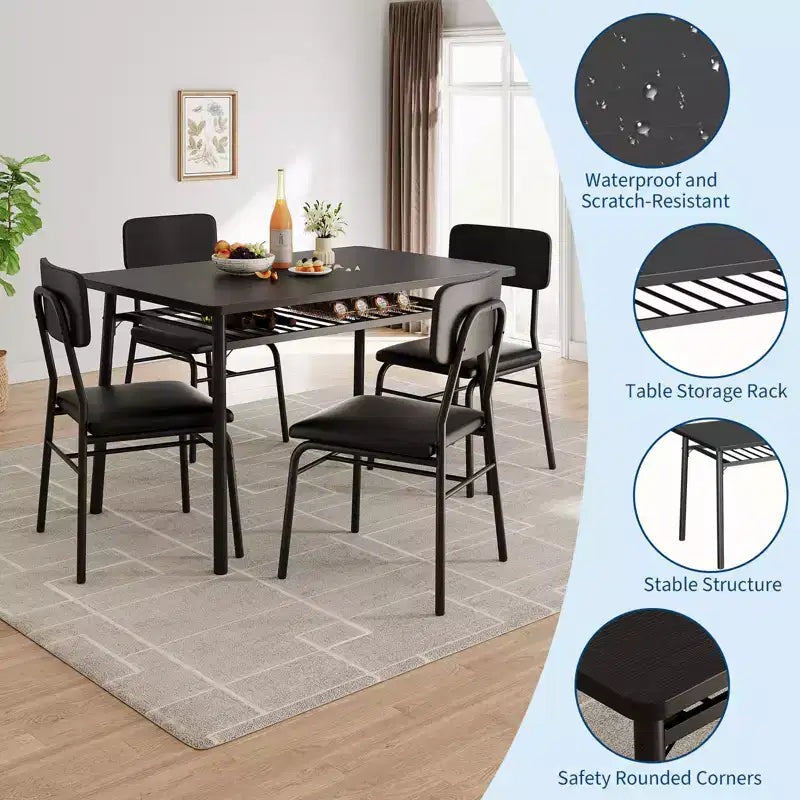 Set tavolo da pranzo per 4 persone, tavolo e sedie da cucina a 5 pezzi con portaoggetti, piano in legno, struttura in metallo resistente, sedili imbottiti, salvaspazio