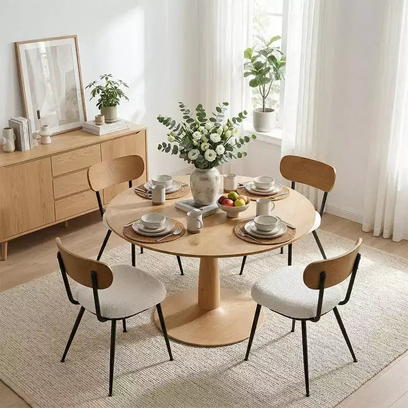 Set Tavolo da Pranzo Rotondo Moderno da 5 Pezzi, Set da Pranzo da Cucina con Base da 39,5 Pollici con 4 Sedie Imbottite in Bouclé per Cucina e Sala da Pranzo-Panipeachy