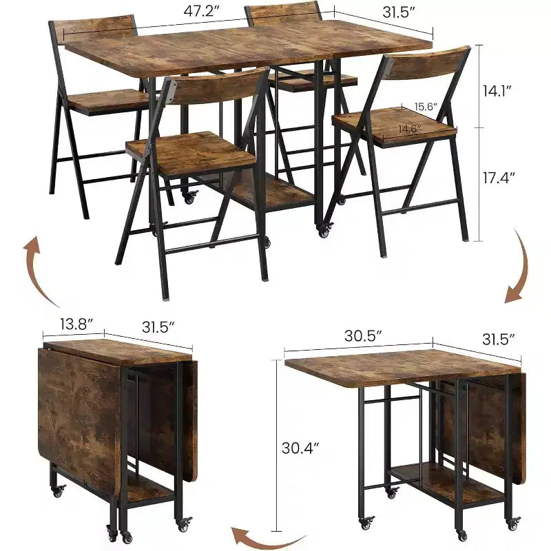 Set da pranzo pieghevole da 4 pezzi stile Farmhouse per 4 persone con tavolo in legno con alette a scomparsa su ruote e 4 sedie pieghevoli, telaio robusto in acciaio, salvaspazio per appartamen