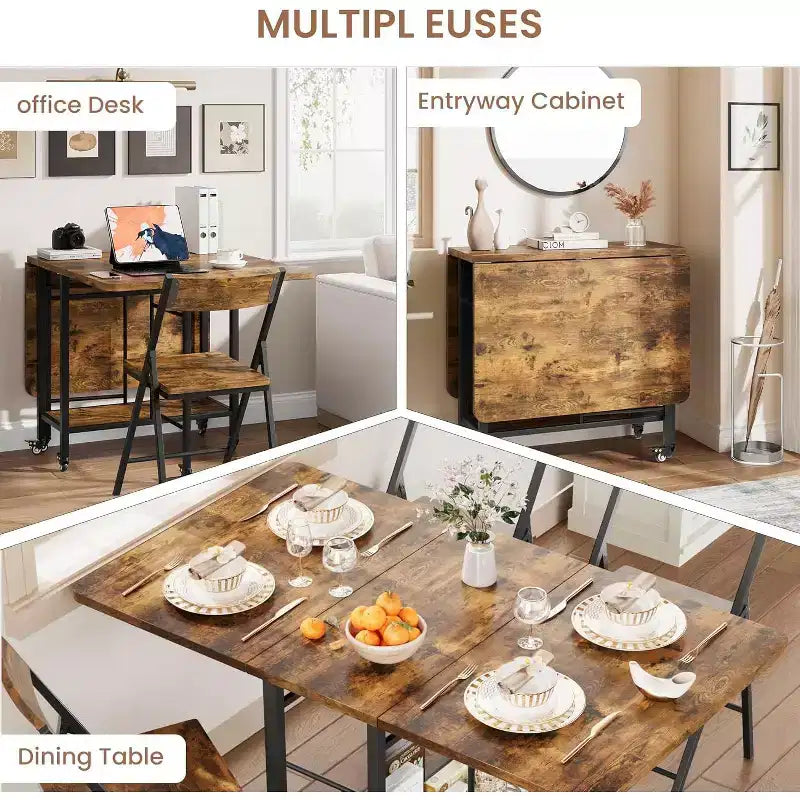Set da pranzo pieghevole da 4 pezzi stile Farmhouse per 4 persone con tavolo in legno con alette a scomparsa su ruote e 4 sedie pieghevoli, telaio robusto in acciaio, salvaspazio per appartamen