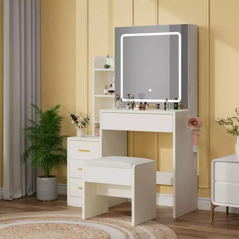 Set Toeletta Illuminato a LED con Sgabello, Specchio Scorrevole, 4 Cassetti, Ripiani Aperti e Stazione di Ricarica