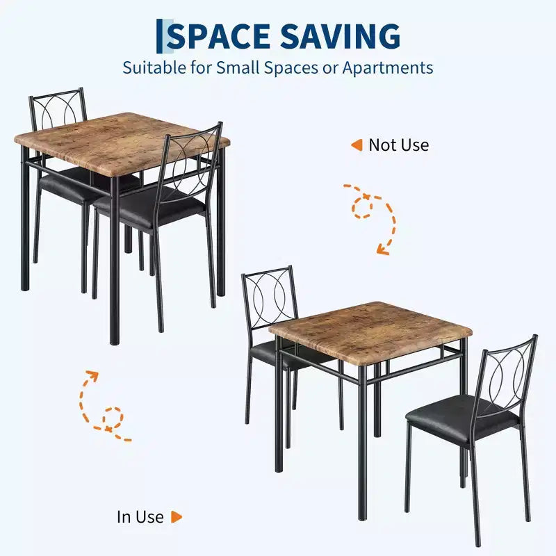 Set da pranzo da 3 pezzi in stile rustico per 2 persone, tavolo da cucina in legno con sedie imbottite, salvaspazio per piccoli appartamenti
