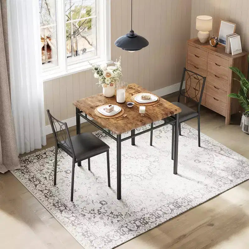 Set da pranzo da 3 pezzi in stile rustico per 2 persone, tavolo da cucina in legno con sedie imbottite, salvaspazio per piccoli appartamenti