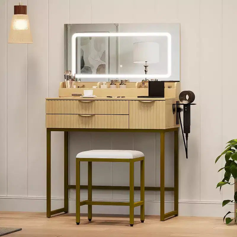 Toeletta con Specchio e Luci, Mobile Trucco con Cassetti e Sgabello, Piccolo Set Toeletta per Camera da Letta, Tavolo da Trucco con Specchio Illuminato a LED