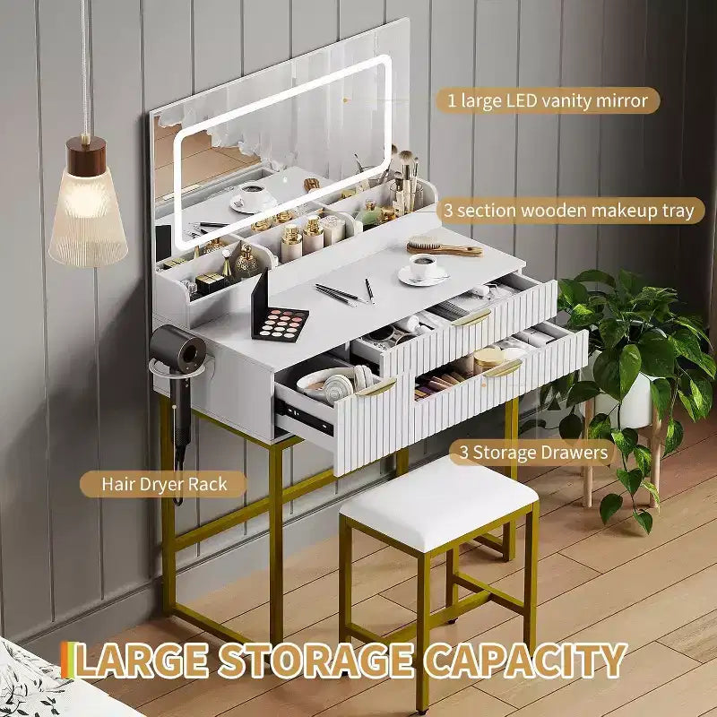 Toeletta con Specchio e Luci, Mobile Trucco con Cassetti e Sgabello, Piccolo Set Toeletta per Camera da Letta, Tavolo da Trucco con Specchio Illuminato a LED