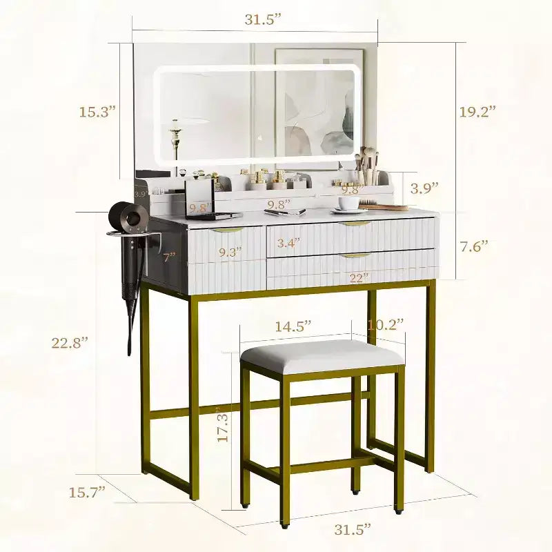Toeletta con Specchio e Luci, Mobile Trucco con Cassetti e Sgabello, Piccolo Set Toeletta per Camera da Letta, Tavolo da Trucco con Specchio Illuminato a LED