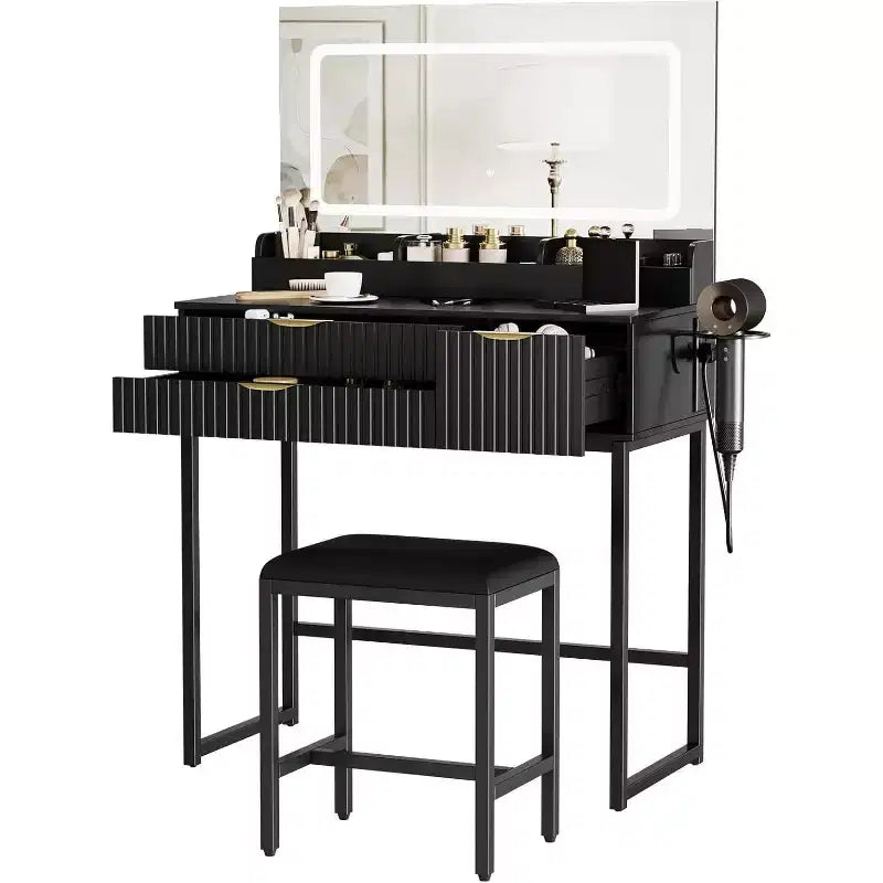 Toeletta con Specchio e Luci, Mobile Trucco con Cassetti e Sgabello, Piccolo Set Toeletta per Camera da Letta, Tavolo da Trucco con Specchio Illuminato a LED