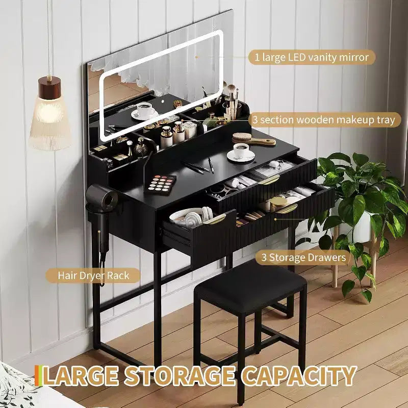 Toeletta con Specchio e Luci, Mobile Trucco con Cassetti e Sgabello, Piccolo Set Toeletta per Camera da Letta, Tavolo da Trucco con Specchio Illuminato a LED