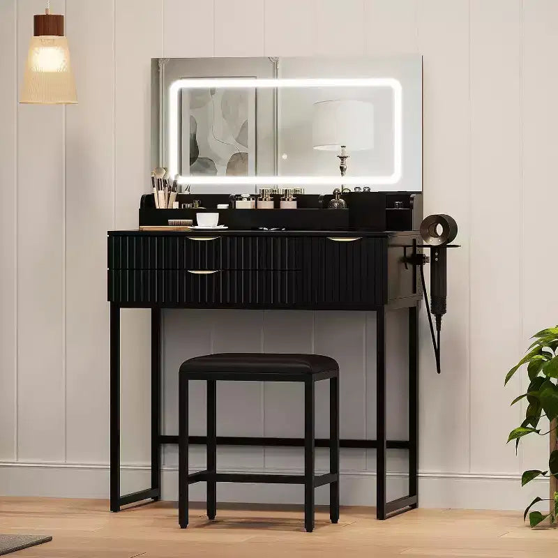 Toeletta con Specchio e Luci, Mobile Trucco con Cassetti e Sgabello, Piccolo Set Toeletta per Camera da Letta, Tavolo da Trucco con Specchio Illuminato a LED
