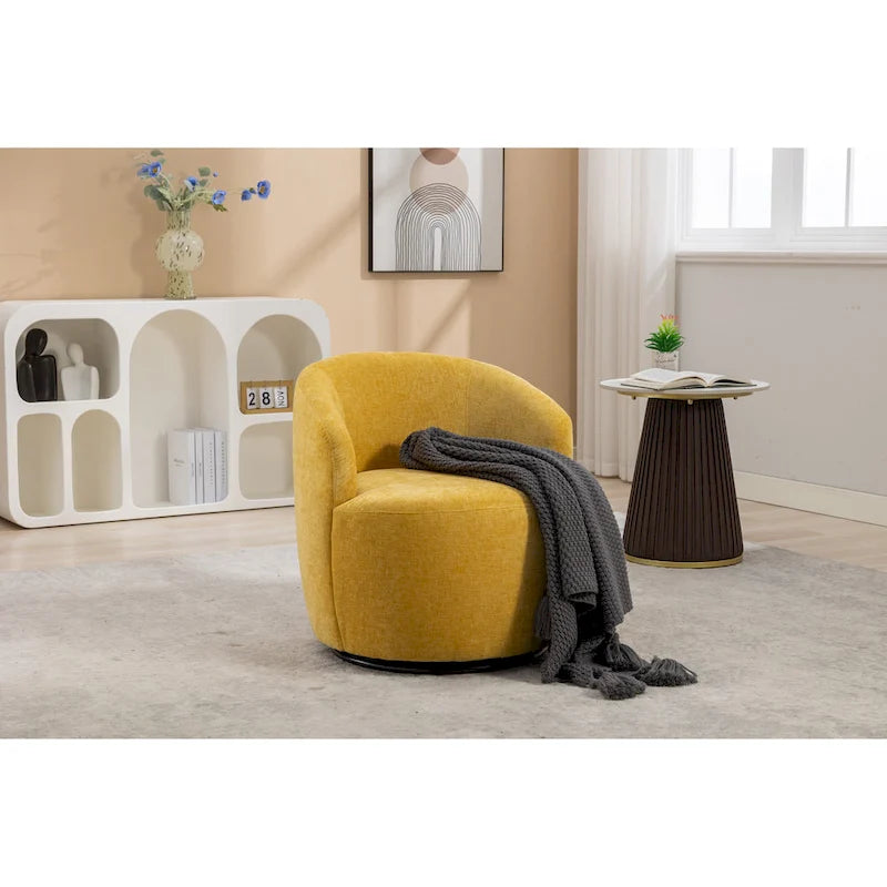 Yellow Chenille Modern 25.6 Swivel Barrel Chair with Metal Ring