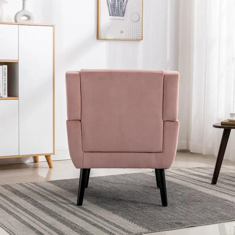 Poltrona moderna accentuata con bottoni in velluto rosa, 75 cm, con gambe in legno