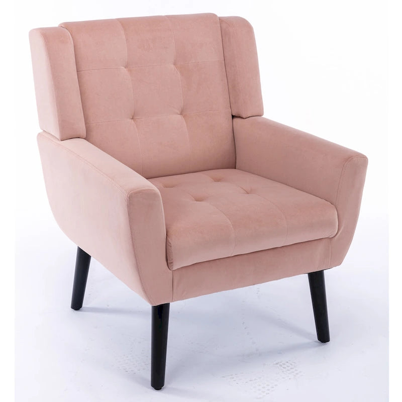 Poltrona moderna accentuata con bottoni in velluto rosa, 75 cm, con gambe in legno