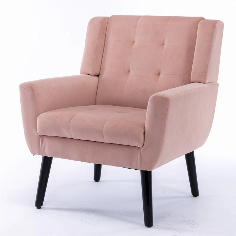 Poltrona moderna accentuata con bottoni in velluto rosa, 75 cm, con gambe in legno