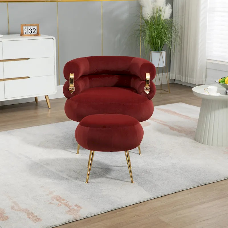 Bordeauxroter moderner Clubsessel mit Hocker, 29.1