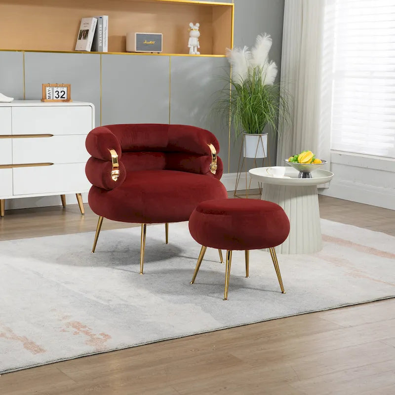 Bordeauxroter moderner Clubsessel mit Hocker, 29.1