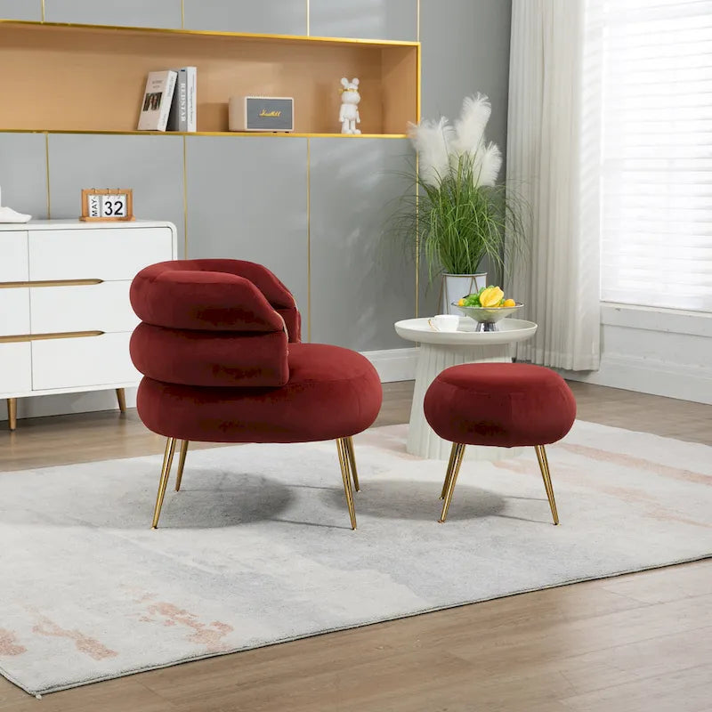 Bordeauxroter moderner Clubsessel mit Hocker, 29.1