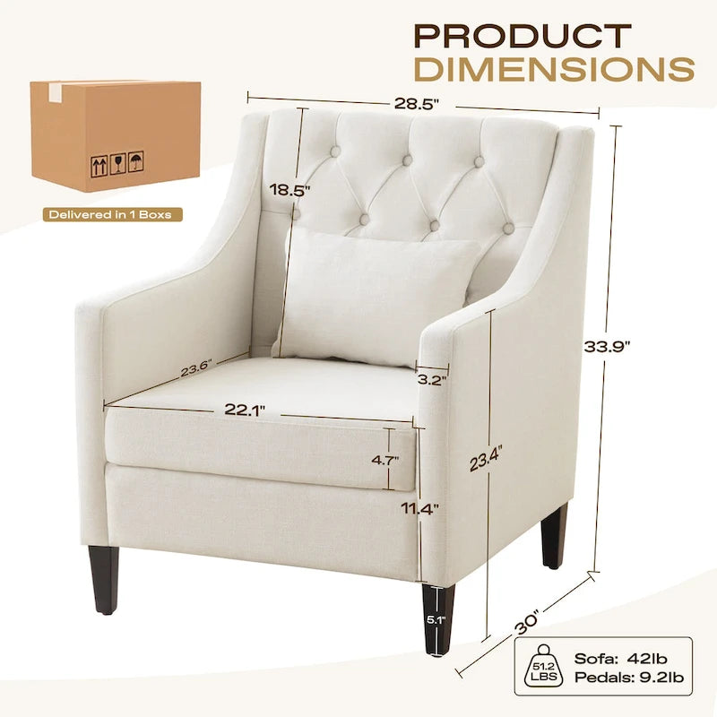 Beige 30 Upholstered Tufted Arm Chair with Lumbar Pillow