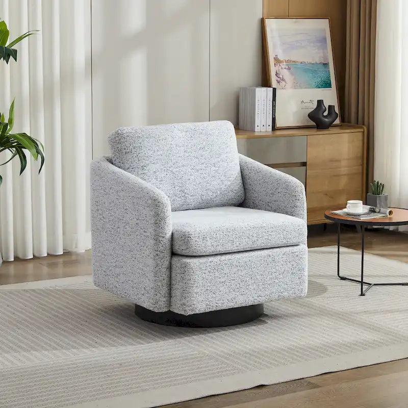 Poltrona decorativa girevole in ciniglia bianca e nera da 31.5 con struttura in legno massello