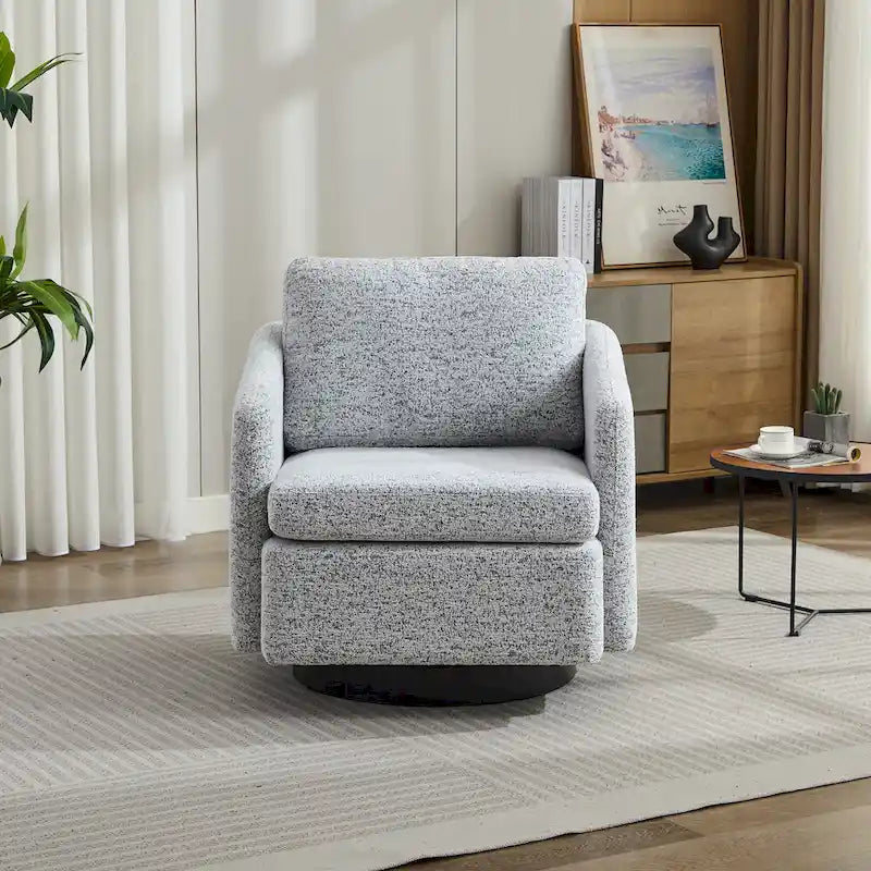 Poltrona decorativa girevole in ciniglia bianca e nera da 31.5 con struttura in legno massello