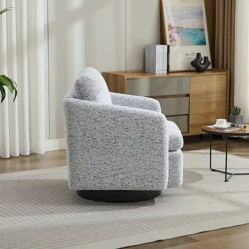 Poltrona decorativa girevole in ciniglia bianca e nera da 31.5 con struttura in legno massello