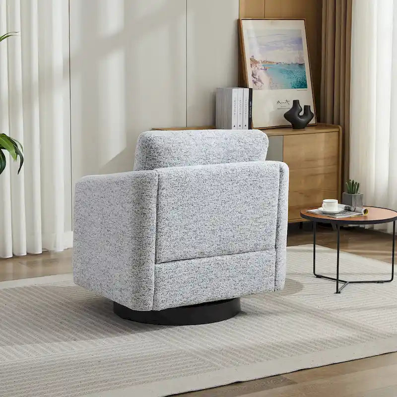 Poltrona decorativa girevole in ciniglia bianca e nera da 31.5 con struttura in legno massello