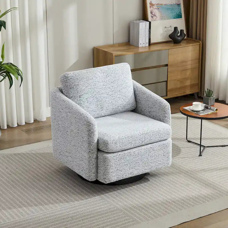 Poltrona decorativa girevole in ciniglia bianca e nera da 31.5 con struttura in legno massello