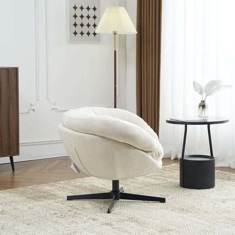Poltrona girevole a 360° rivestita in ciniglia/poltrona per accentuare l'arredamento con cuscino rimovibile, sedia rotonda da ufficio con base in metallo nero