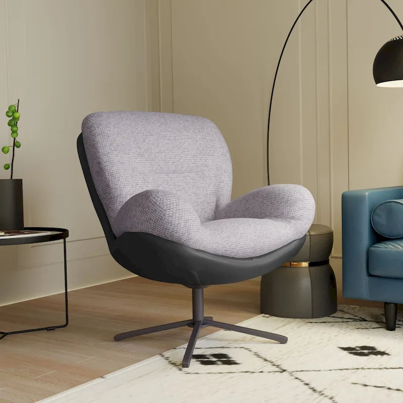 Poltrona direzionale girevole a 360°, poltrona moderna in ciniglia con similpelle e struttura con base in metallo nero, comoda poltrona da lettura