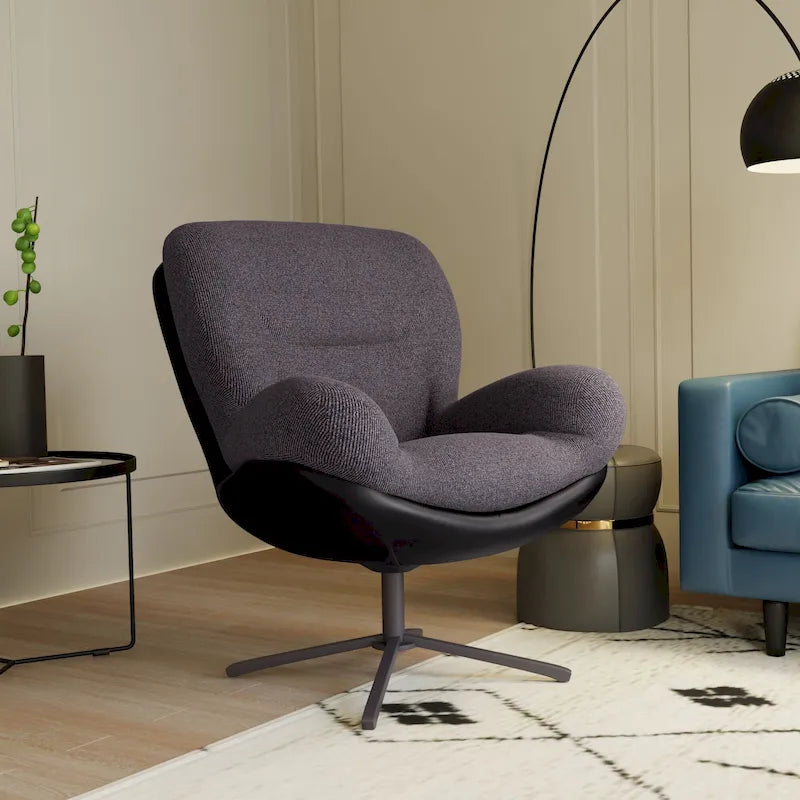 Poltrona direzionale girevole a 360°, poltrona moderna in ciniglia con similpelle e struttura con base in metallo nero, comoda poltrona da lettura