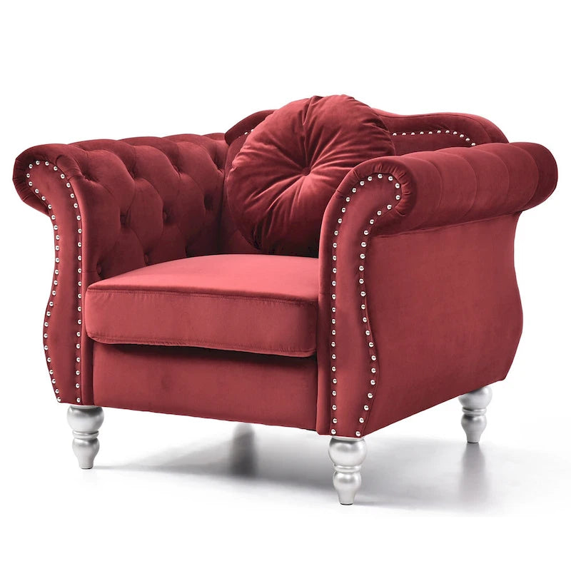 Poltrona decorativa in velluto tinta unita con cuscino rotondo capitonné - 39 - rossa
