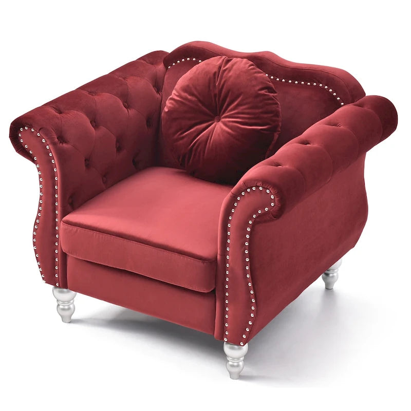 Poltrona decorativa in velluto tinta unita con cuscino rotondo capitonné - 39 - rossa