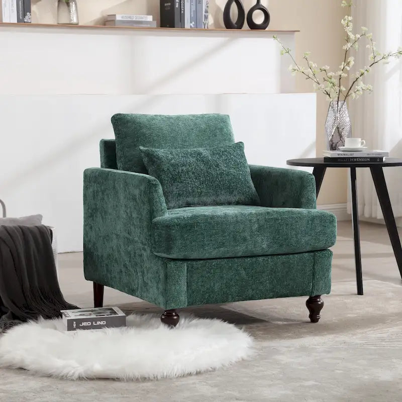 Poltrona moderna color smeraldo rivestita in ciniglia da 29.53, con struttura in legno massello e cuscini