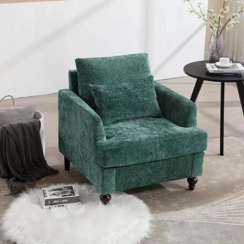 Poltrona moderna color smeraldo rivestita in ciniglia da 29.53, con struttura in legno massello e cuscini