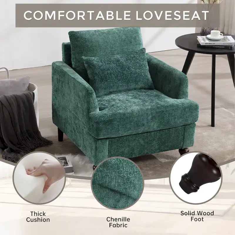 Poltrona moderna color smeraldo rivestita in ciniglia da 29.53, con struttura in legno massello e cuscini
