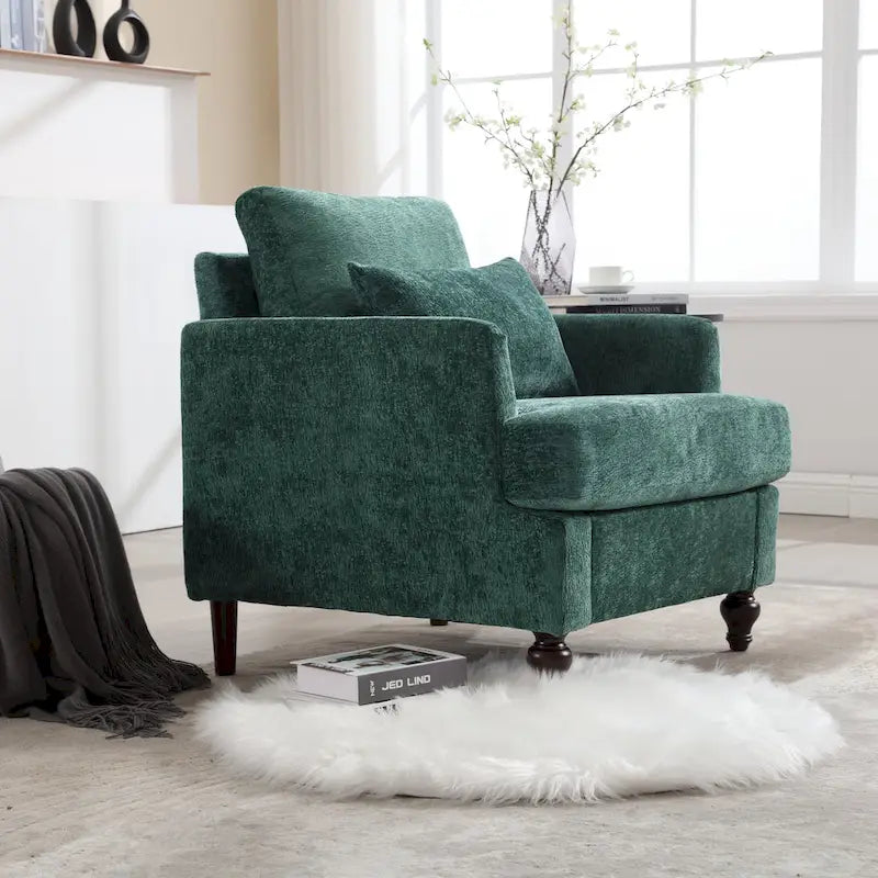 Poltrona moderna color smeraldo rivestita in ciniglia da 29.53, con struttura in legno massello e cuscini