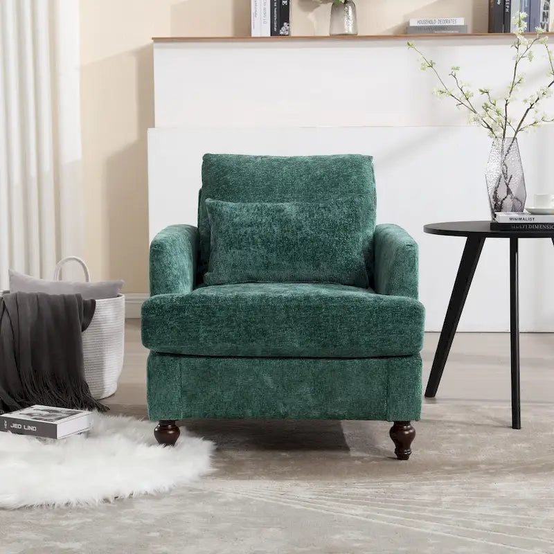 Poltrona moderna color smeraldo rivestita in ciniglia da 29.53, con struttura in legno massello e cuscini