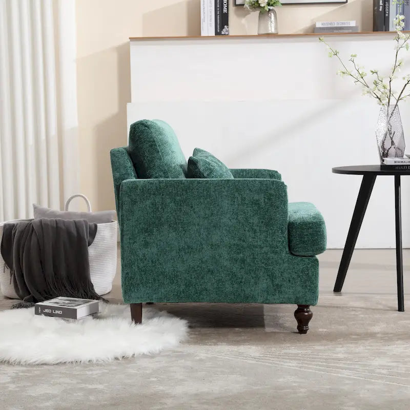 Poltrona moderna color smeraldo rivestita in ciniglia da 29.53, con struttura in legno massello e cuscini