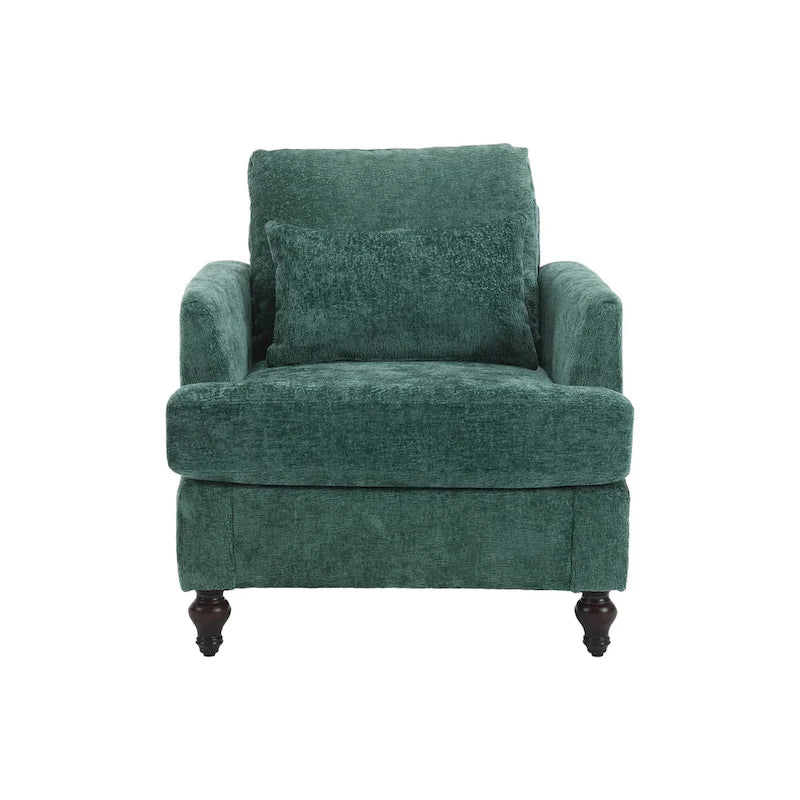 Poltrona moderna color smeraldo rivestita in ciniglia da 29.53, con struttura in legno massello e cuscini