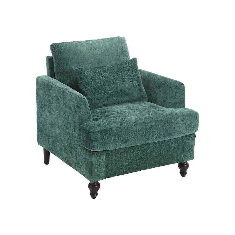 Poltrona moderna color smeraldo rivestita in ciniglia da 29.53, con struttura in legno massello e cuscini