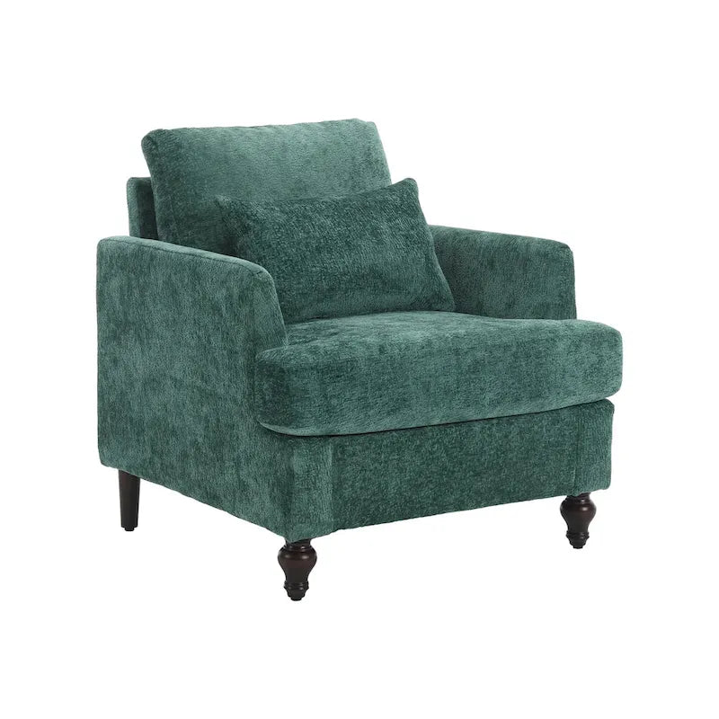 Poltrona moderna color smeraldo rivestita in ciniglia da 29.53, con struttura in legno massello e cuscini