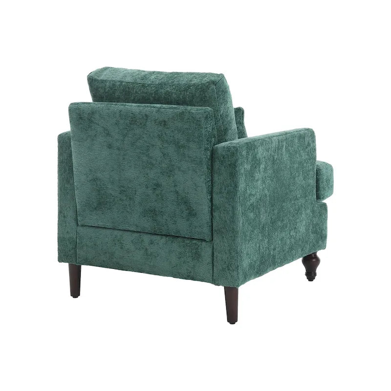 Poltrona moderna color smeraldo rivestita in ciniglia da 29.53, con struttura in legno massello e cuscini